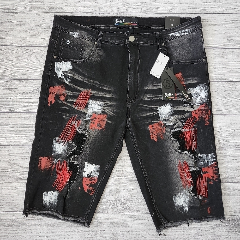 Black and Red Splatter Paint Distressed Men's Biker Shorts (Size 40 & 42)